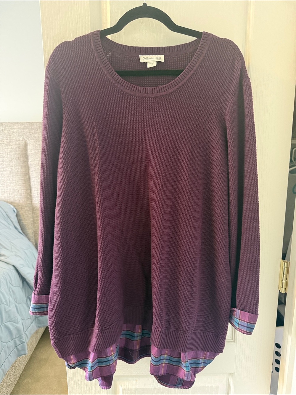 Coldwater Creek Plum Knit Pullover with Plaid Trim